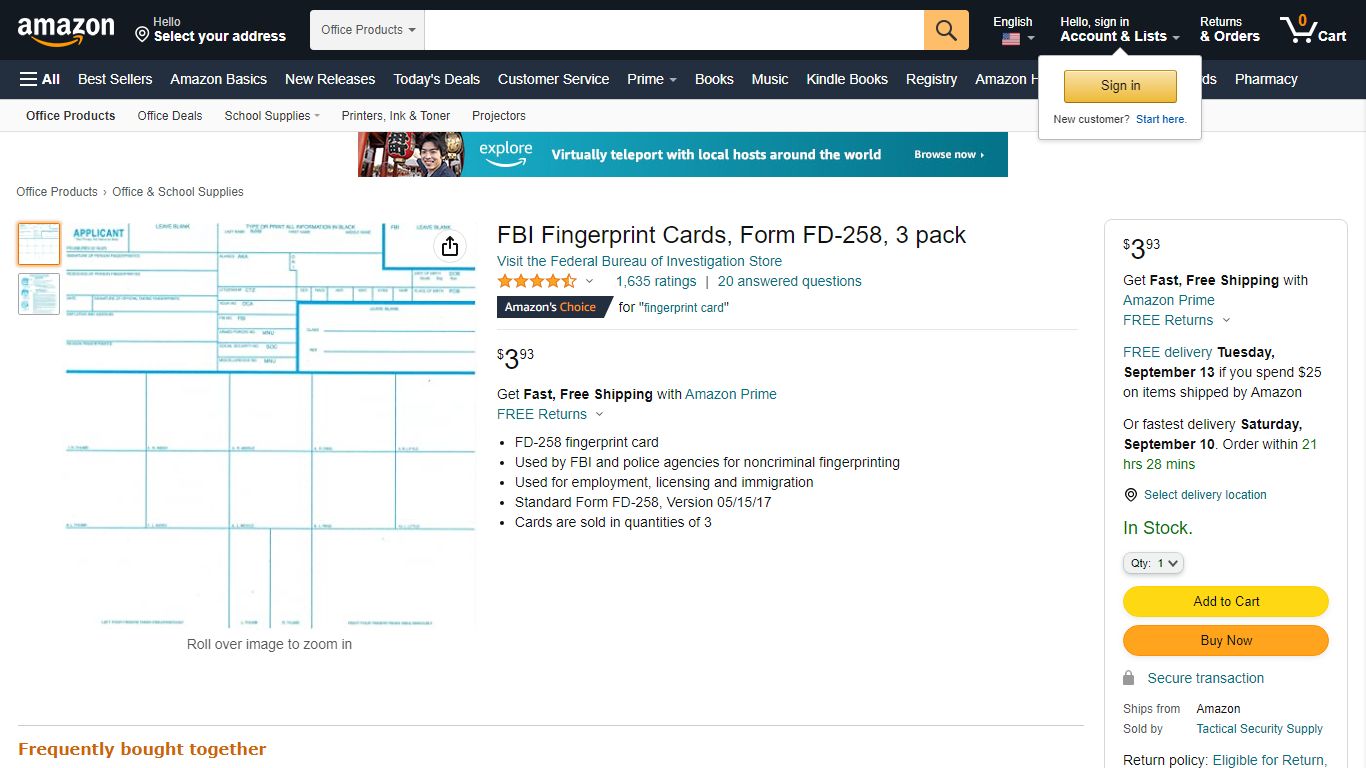 FBI Fingerprint Cards, Form FD-258, 3 pack - amazon.com